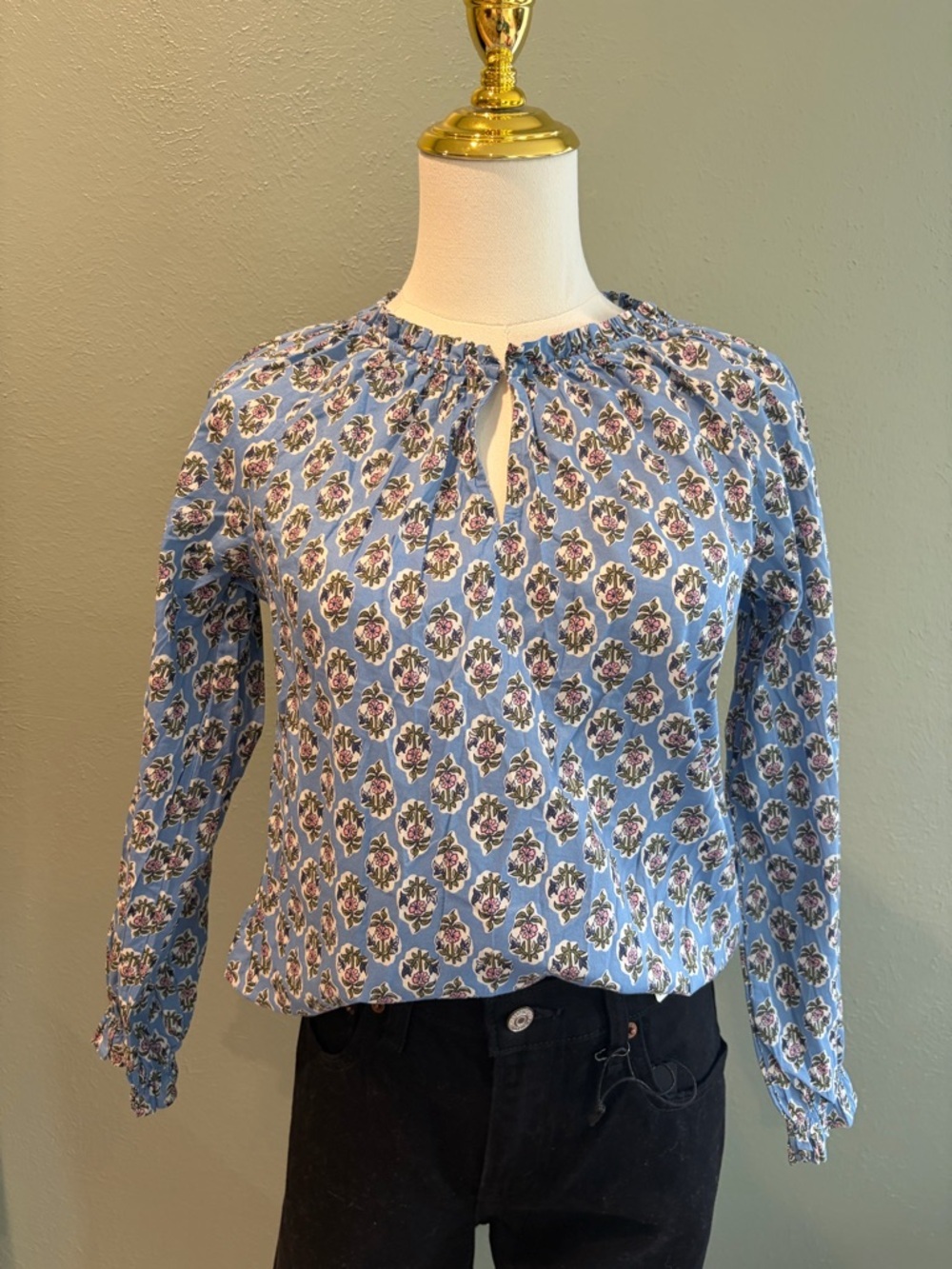 J. Crew Blue Floral Keyhole Long-Sleeve Blouse